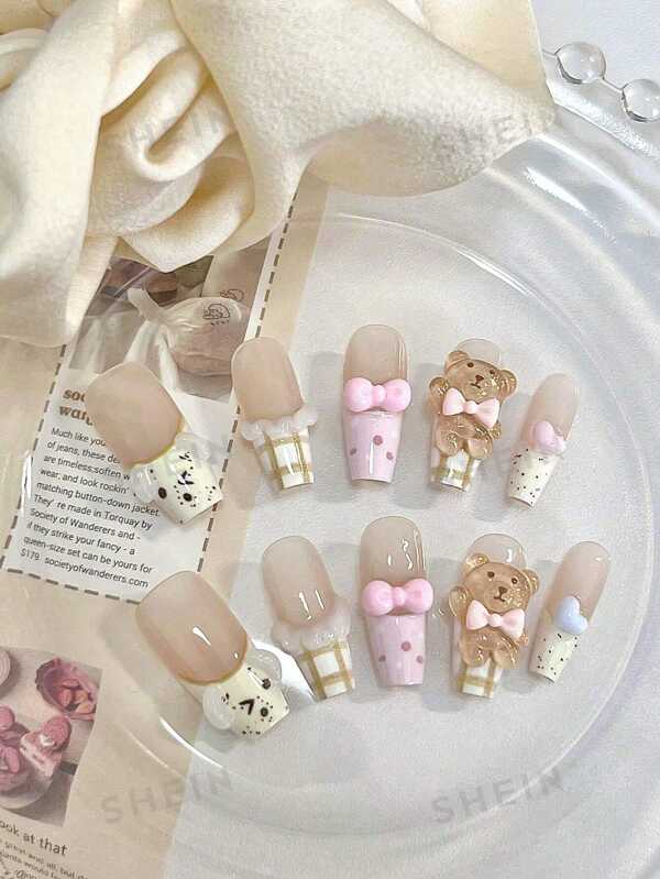 10 Long Coffin Nail Cartoon Cute Theme Nail Art Brown Bear, Pink Bow, Romantic French Side Graphic Design Hand Nail Nail Nail False Piece Can Be Disassembled And Reused, Suitable For Ladies, Girls In The Stage, Prom, Party Scene Use, With 1 Piece Of Jelly Roll 1 Piece