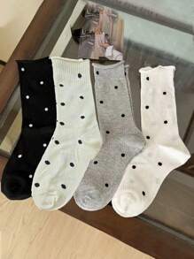 4 双女士薄款中筒袜，简约百搭，透气网眼，波点袖口，休闲学院风，夏季