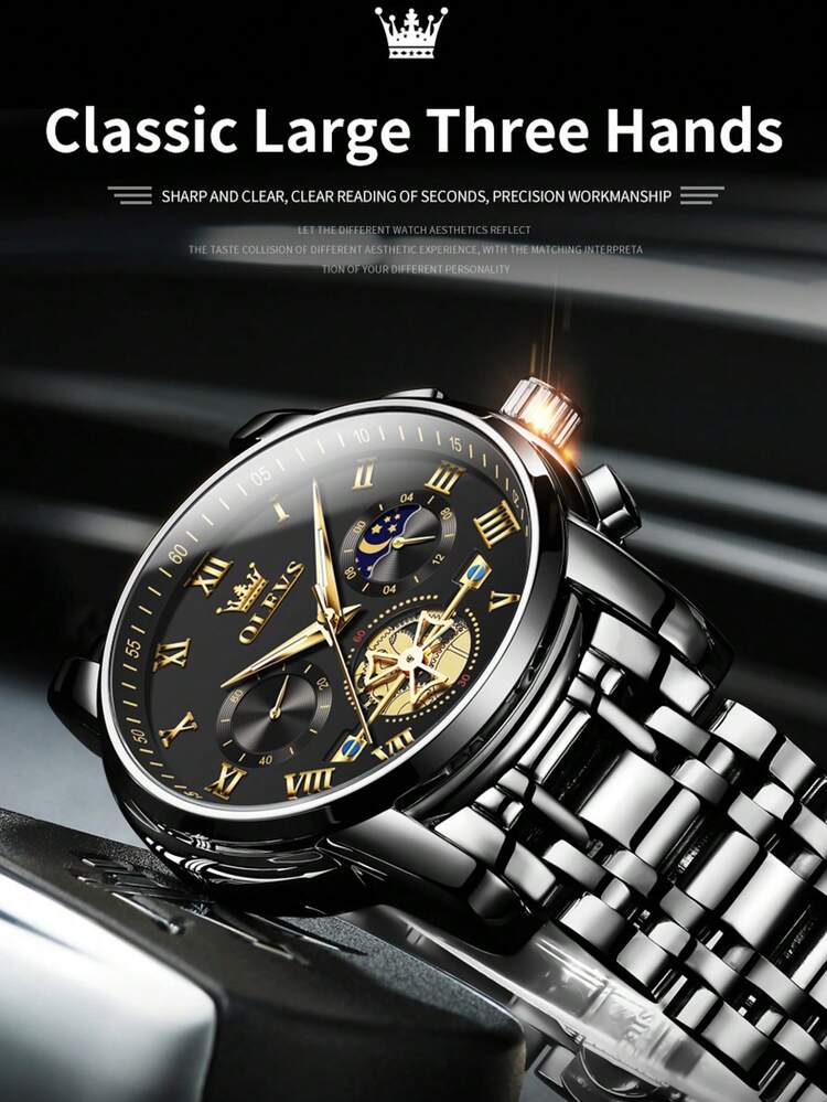 OLEVS. OLEVS Top Men's Watch Tourbillon Style Fashion Original Quartz Watch 3Bar Waterproof Sports Moon Phase Watch Night Light Chronograph Men's Gift - Black - View 4