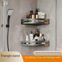 Corner Shower Caddy, Adhesive Shower Shelf Without Drilling, No Drill Bathroom Triangular Storage Rack, Wall-Mounted With 2 Hooks Back To School - Dark Grey - View 6