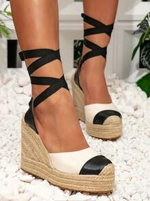 Sandali con zeppa casual da donna, con tomaia intrecciata e suola spessa, chiusi con punta, bicolore, con lacci, suola platform traspirante e suola spessa, adatti per casual, vacanze, feste, spiaggia