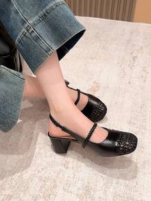 Xin Jing Shoes 秋冬女士编织圆头粗跟穆勒鞋，休闲及办公场合皆宜，优雅玛丽珍鞋款，派对必备 - 黑色 - 查看 3
