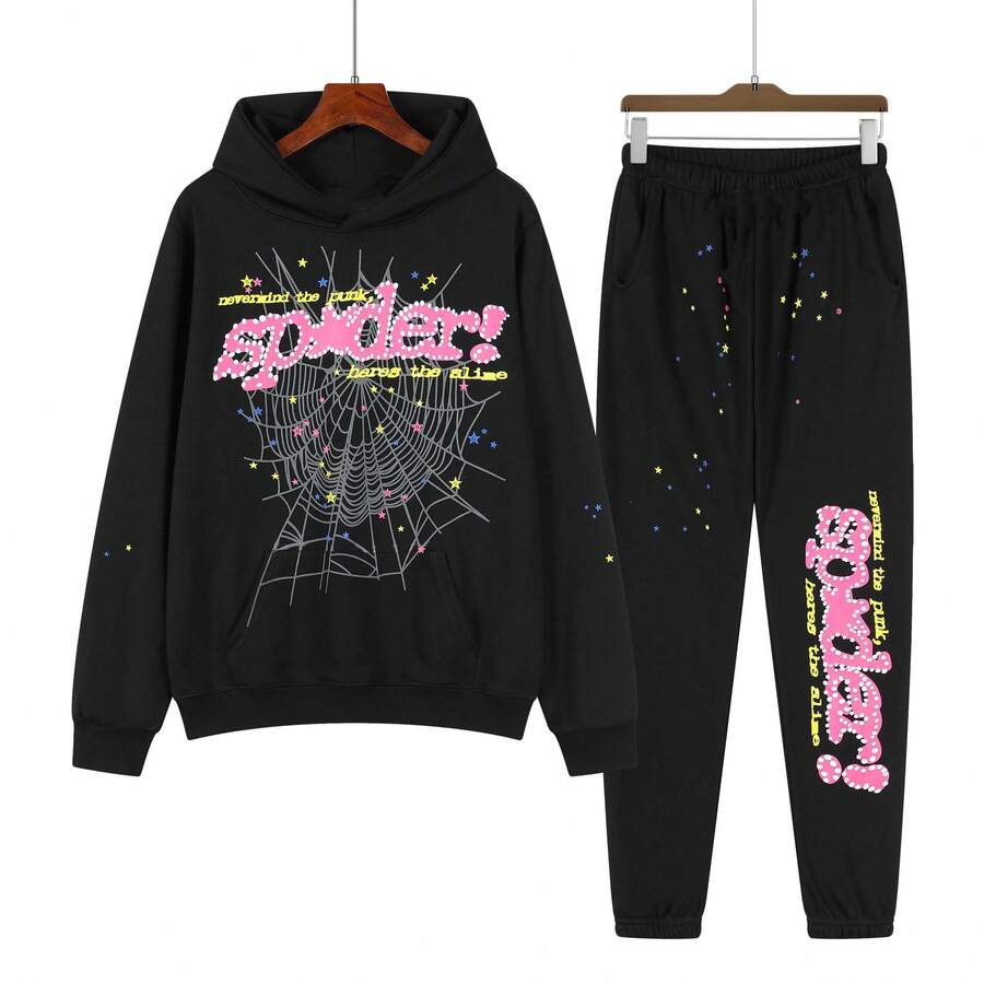 New Hip Hop Spider Hoodies Set Y2k Hoodie ,Tracksuit Pullover Sweatshirt And Trousers For Men Or Women Matching Hoodies For Couples Casual Unisex - 黑套裝 - 查看 1