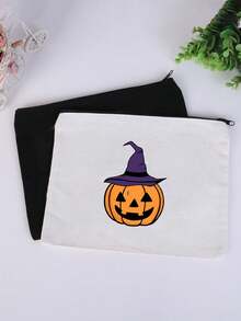 1pc Black & Beige Halloween Cartoon Makeup Bag, Fashionable And Versatile, Suitable For Daily Outings And Multi-Purpose Storage Of Cosmetics, Stationery, Coins, Etc., Convenient To Carry, Great For Graduation, Birthday, Halloween, Parties And Other Gifting Occasions