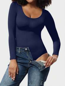 1 st svart sömlös rund halsringning med långa ärmar, heltäckande och bekväm kroppsdel för kvinnor - Blå - Visa 7