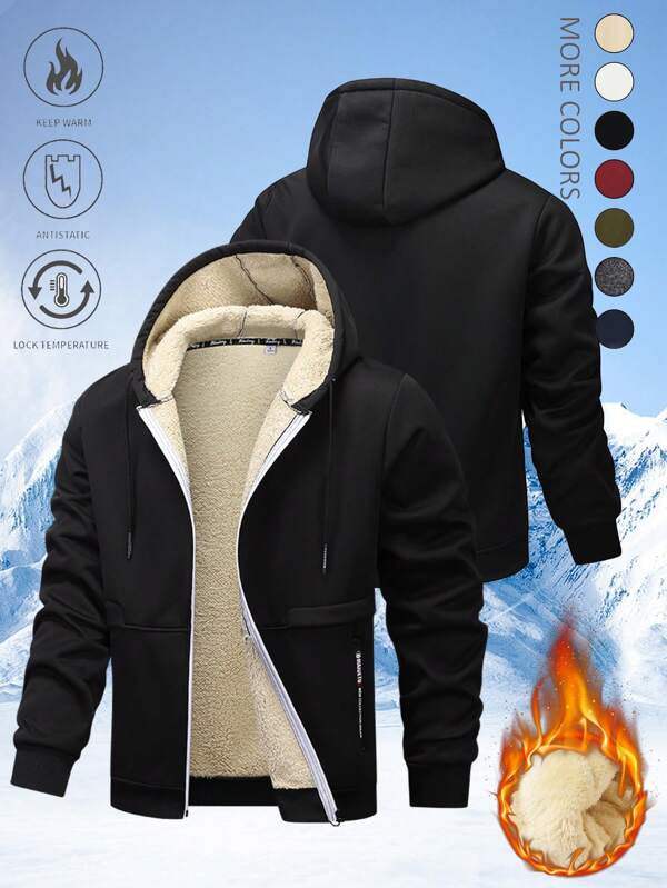 Sheepskin Fleece Lined Thick Jacket For Men, Outdoor Sports Casual Hooded Coat For Autumn & Winter