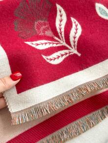 1pc Floral Jacquard Knit Faux Cashmere Warm Scarf/Wrap For Women, Versatile Fashion Accessory For Autumn/Winter, Suitable For Decoration For Dress - Red - View 4