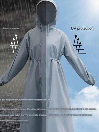 1pc Fashionable Breathable Adult Waterproof Long Raincoat Hooded Raincoat Outdoor Hiking Fishing Thickened Drawstring Slim Fit Raincoat Waterproof Rainproof Lightweight Hooded Raincoat