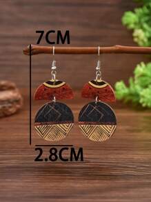 1 对 多层几何拼布波西米亚风软木感觉叶图腾耳环 女士