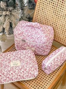 1个花卉印花多功能化妆包，万圣节不给糖就捣蛋主题，时尚休闲大容量拉链化妆包，旅行文具收纳包，度假必备，化妆包，旅行必备 - 淺粉色 - 查看 3