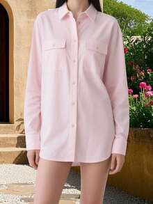 Womens Button Down Shirts Long Sleeve Casual Blouses Lapel Collar Tops With Pockets - Pink - View 4