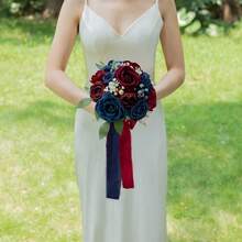 Dusty Blue Wedding Bouquets For Bride Bridesmaid, White Wedding Artificial Roses Flowers For Wedding Bouquets Ceremony, Anniversary - Burgundy & Navy Blue - View 6