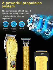 LQT 1/2/3pcs Set, USB Rechargeable Electric Hair Clipper, Professional Precision Trimmer, Ergonomic Design, Wireless Efficient, Suitable For Beard, Sideburns And Full Body Grooming, Portable Lightweight Electric Shaver, Men's Wireless Trimmer, LED Display, Precise Hair And Beard Cutting - Gold - View 10