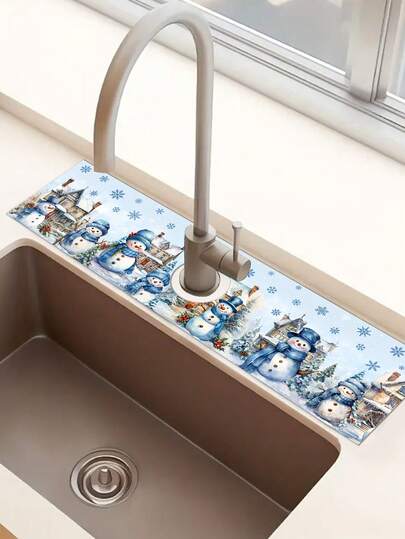 1/100 piezas Tapete de secado de platos con tema navideño, diseño de escena de nieve con muñeco de nieve y casa de estilo vintage, 10x38cm, adecuado para decoración de fregadero de cocina navideño. Accesorios de decoración del hogar navideño.