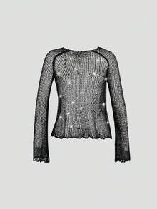 Yuwenier Sexy Sheer Mesh Sequin Crochet Batwing Long Sleeve Loose Cover Up, Carnival Party - Black - View 6