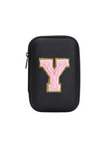 便携式 CCD 相机保护套，粉色字母 A-Z 毛巾刺绣，紧凑设计，防水材质，非常适合户外摄影爱好者和旅行者充电器盒，办公室必备数码包电缆相机包电子数据线整理器存储，钱包式移动电源盖旅行相机包，女士男士礼物，教师必备用品，防水轻便大容量便携式配件，适合暑假旅行，户外活动旅行必需品