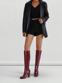 Women's Burgundy Retro Knee-High Boots With Chunky Heel, High-Reflective Leather Design For Fashion And Comfort, Suitable To Pair With Leather Jackets, Coats, Shorts For Dates, Outings, Holiday Gatherings