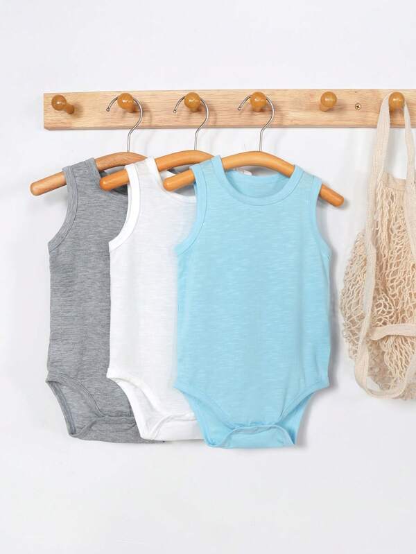3 pezzi Set di body neonato, body bianco semplice per neonati, body senza maniche a triangolo di colore unito, body casual senza maniche di colore neutro