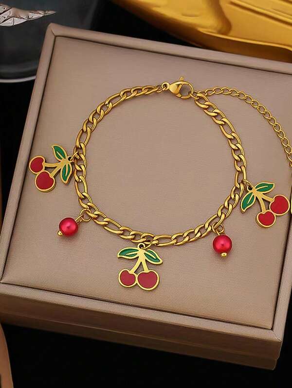 1 pieza Pulsera de acero inoxidable con colgante de cereza roja, adecuada para uso diario