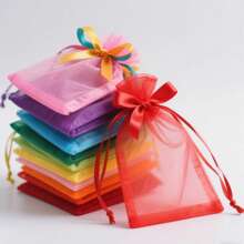 50/100pcs White Organza Gift Bags, New Year Party Candy Bags, Wedding Favor Bags, New Year Party Colorful Drawstring Organza Bags With Ribbons, Multiple Sizes, Baking Packaging Bags, Jewelry Gift Bags, Suitable For Weddings, Back To School Gifts, Family Gatherings, Celebrations, Outdoor Parties, All Seasons, Can Also Be Used As Fruit Protection Bags