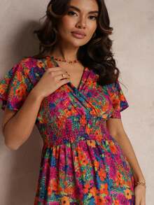 Minivestido con cintura elástica ancha y cuello cruzado - Azul Marino - Ver 5