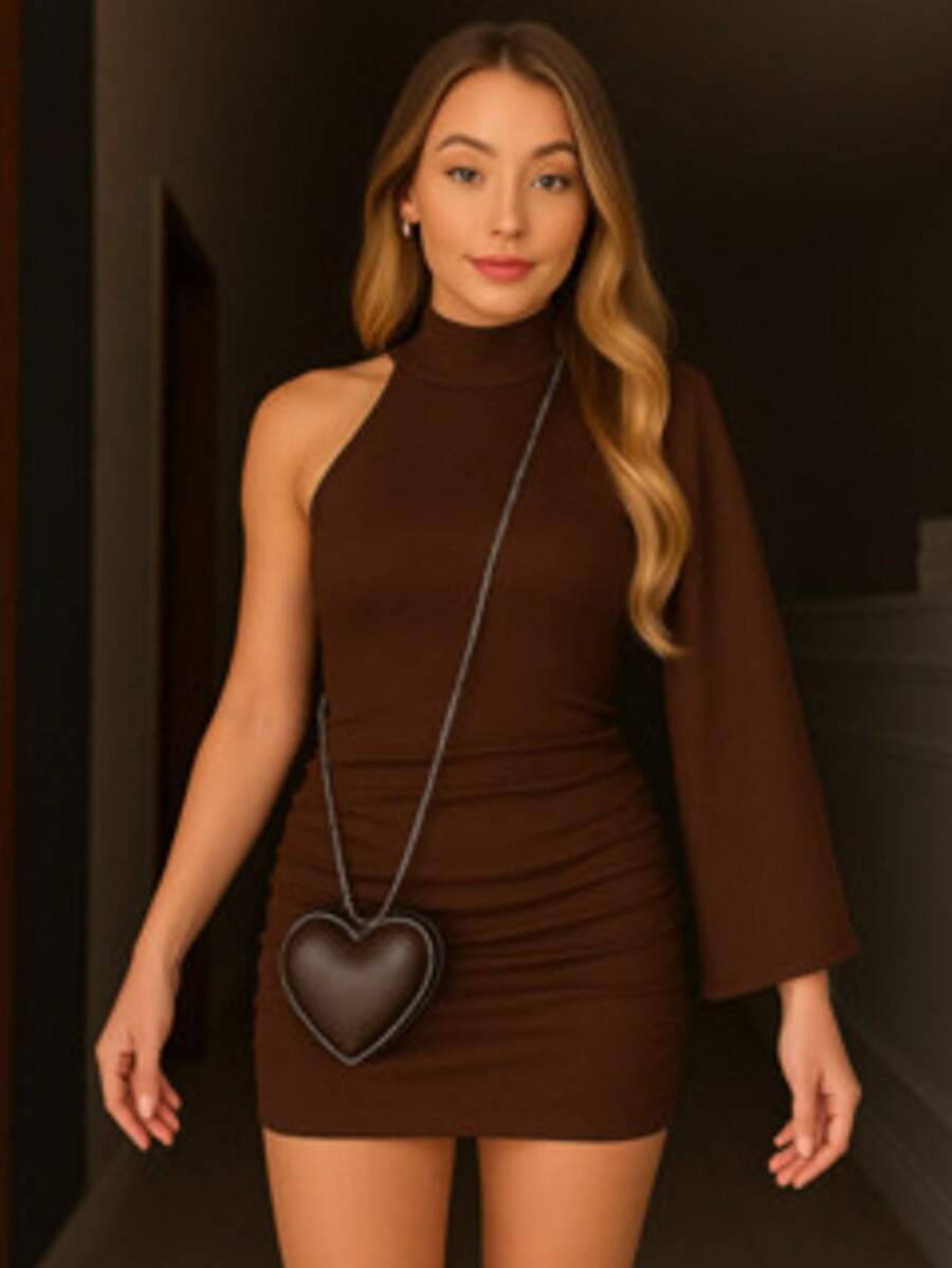 Gringa Style Short Dress With Zero Side Sleeves And High Neck - 鏽棕色 - 查看 1