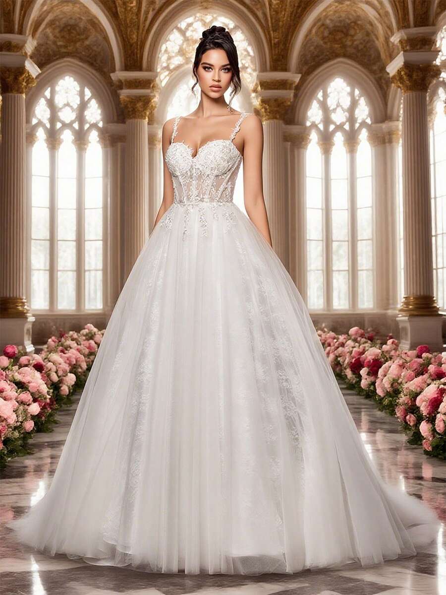 LVNES Gorgeous And Elegant Bridal Wedding Dress, Multi-Layered Mesh Lace Beaded A-Line Wedding Dress - White - View 1