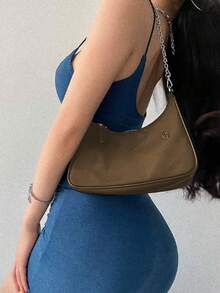 Bolso de hombro casual de nailon con correa ajustable, de unicolor, cierre de cremallera, forro de poliéster, ligero y versátil para uso diario - Verde - Ver 1