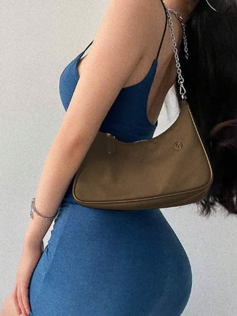 Bolso de hombro casual de nailon con correa ajustable, de unicolor, cierre de cremallera, forro de poliéster, ligero y versátil para uso diario - Verde - Ver 1