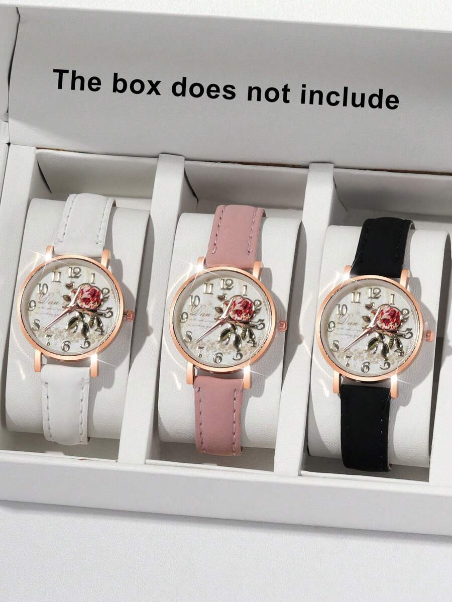 3pcs Fashion Elegant Gift Set: Casual Floral Quartz Watch, Versatile Leather Belt, Suitable For Gifts, Sisters And Couples
