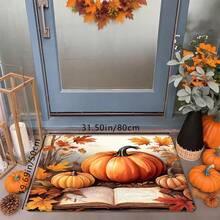 1 pieza Felpudo festivo con estampado de calabaza creativa de Acción de Gracias, hojas caídas y libros, de material suave antideslizante y absorbente lavable, para decorar la entrada del hogar durante las fiestas, adecuado para sala de estar, dormitorio, cocina, lavandería y baño