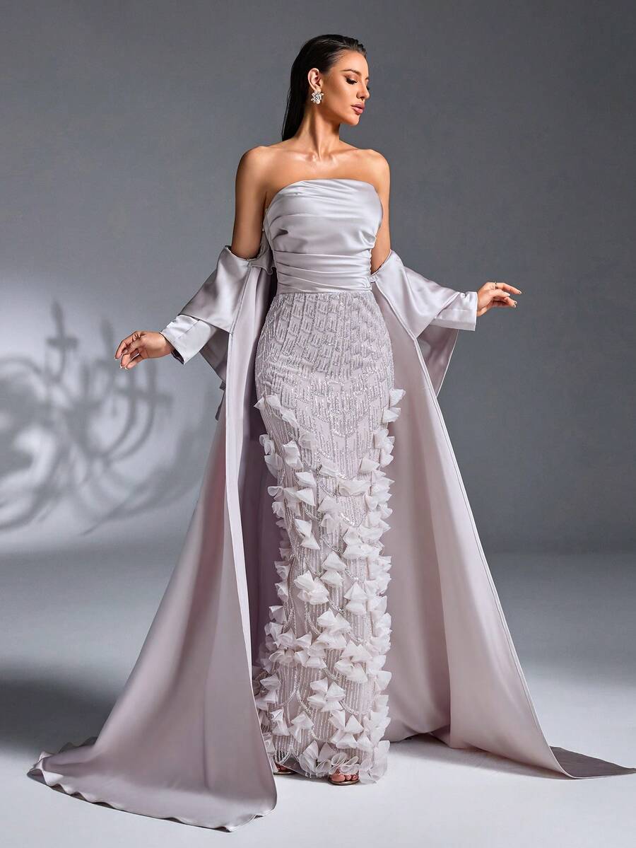 Elisanya Silver Strapless 3D Floral Beaded Evening Gown With Detachable Cape, Elegant Slim Fit Formal Dress For Women, Luxury Prom Maxi Dress - Mauve Purple - View 1