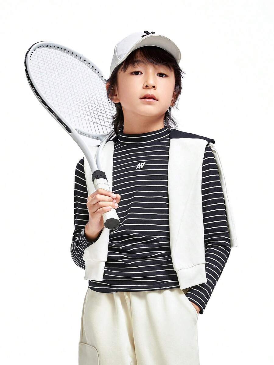 Annil Children's Clothing: Girls, Girls, Boys, Boys, Adults, Teenagers, Mid-Neck Long-Sleeved Knitted Sweaters, Letter-Printed Antibacterial Striped T-Shirts, Autumn - Black - View 1