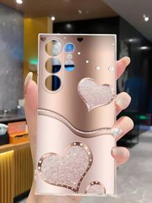 1pc Glitter Diamond Heart Transparent Soft Phone Case, Compatible With Samsung Galaxy A04e/12/A13/A14/A34/A50/A52/A53/A54/S21/S22/S23/S24/S25/S25Ultra, Flat Print Pattern, Not Moissanite