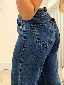 Quần jeans nữ dáng rộng, ống thẳng, cơ bản, có túi. - Rửa tối - Xem 2