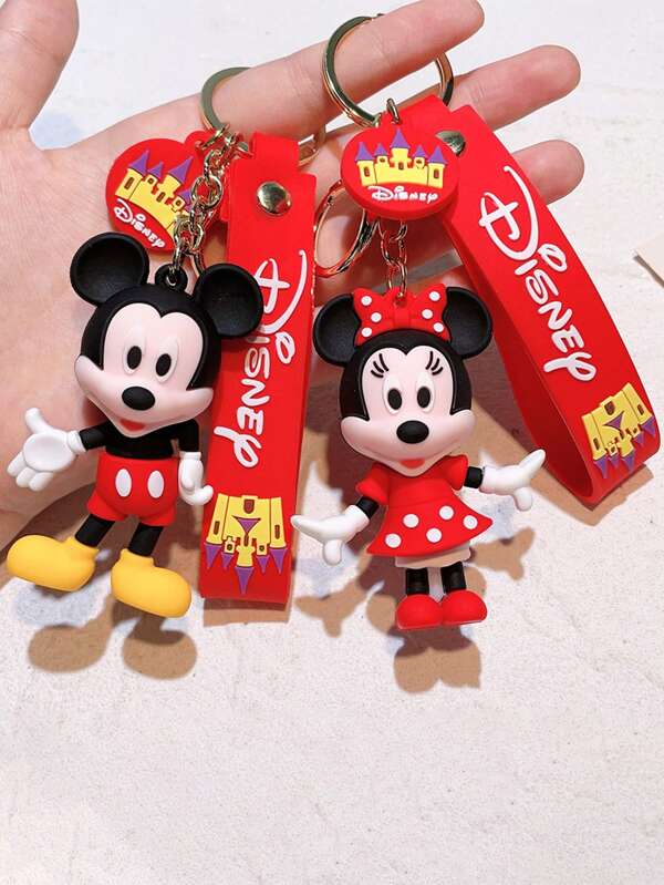 Disney 2 piezas Llavero de Mickey y Minnie Mouse, llavero de bolso de carro con colgante de dibujos animados, figura de resina de pareja como regalo de llavero
