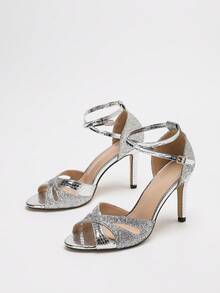 1 Pair Fashionable & Elegant Women's Open Toe High Heel Sandals, Stiletto Heels, Evening Events And Formal Occasions, Wedding, Shoes - Silver - View 5