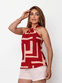 Duna Women's Basic Twist Front And Back Tank Top - Red and White - View 2