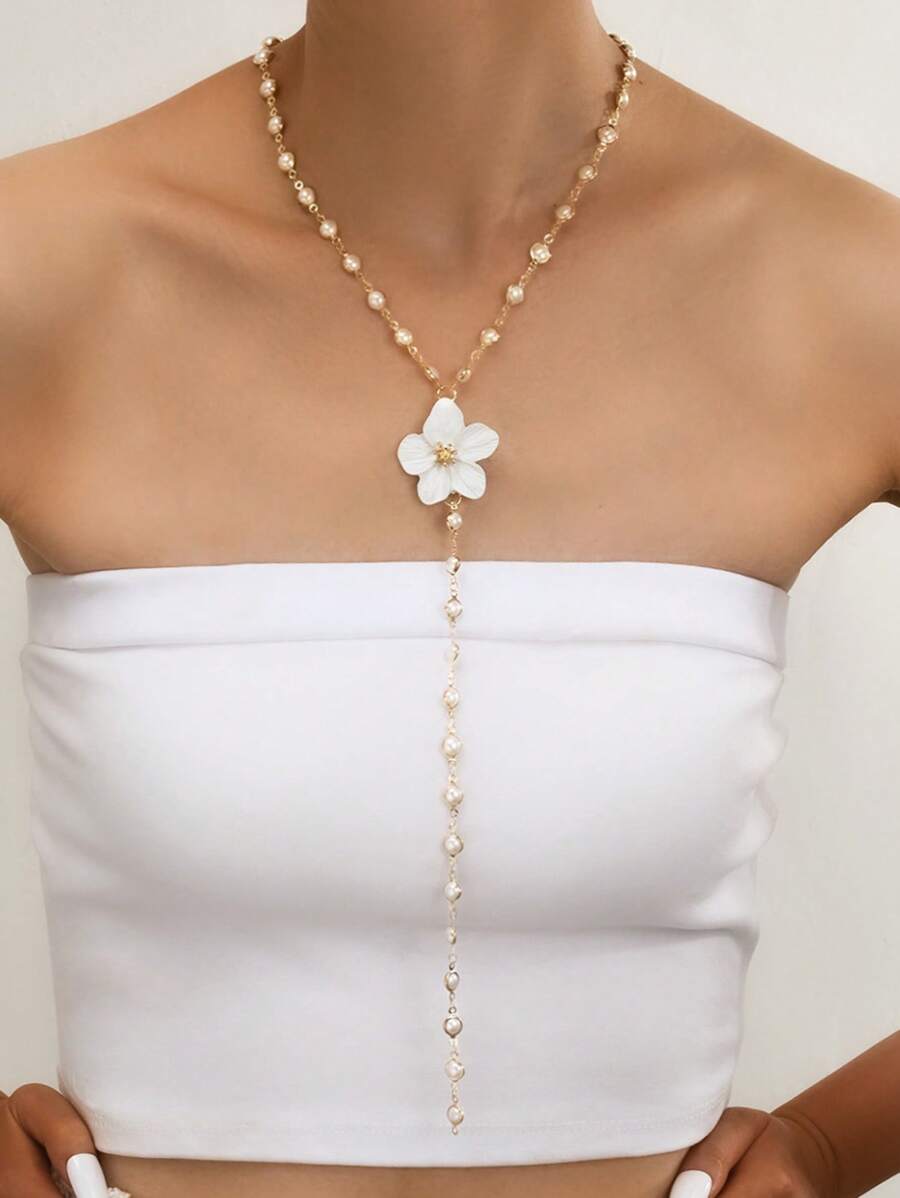 RIINHOO 1pc Floral Y-Shaped Chain Colorful Zirconia Flower Tassel Long Necklace