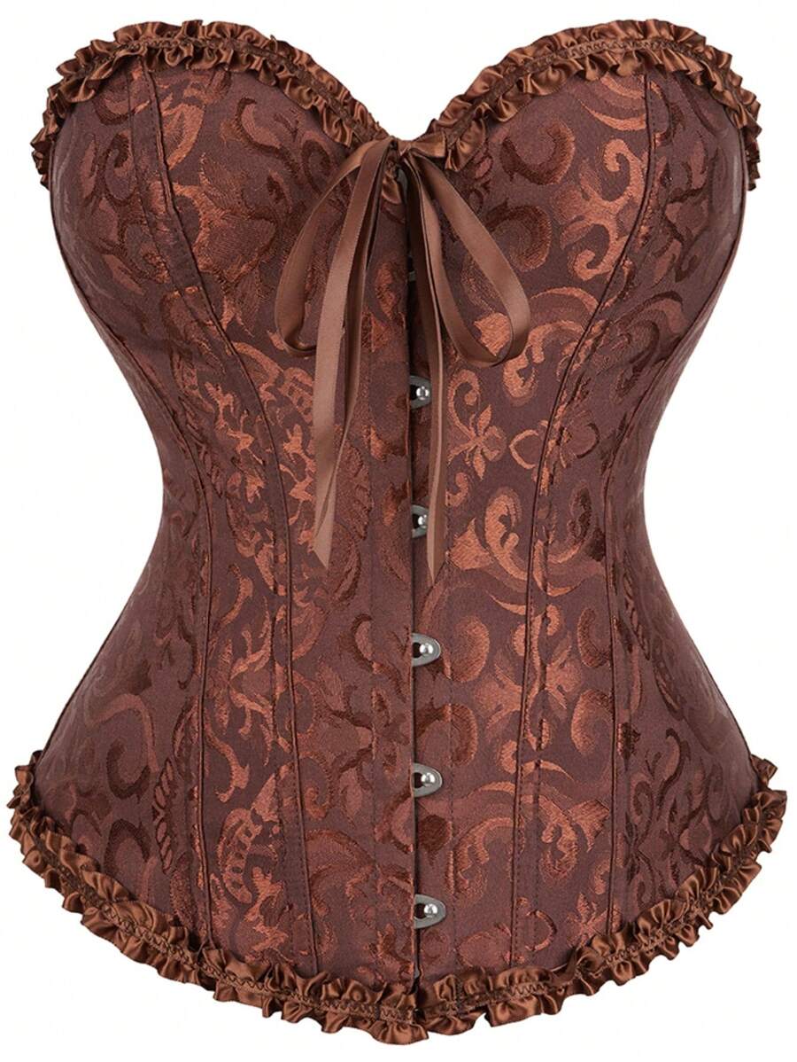 1 pieza Corset con parte superior corta de jacquard floral con volantes en el bajo y nudo en la cintura para mujer, prenda moldeadora