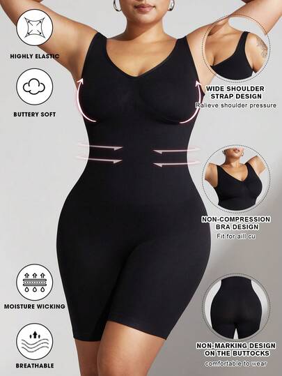 1pc Women Plus Size Seamless Shapewear Jumpsuit, Cinched Waist, Body-Shaping, Chest-Support, Tummy-Control, For Summer