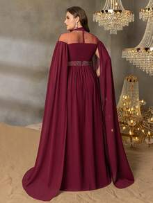 Faeriesty Curve Plus Rhinestone Detail Cloak Sleeves Chiffon Formal Dress-Perfect For Red Carpet Galas, Black-Tie Weddings, Award Ceremonies, Charity Balls, And Luxury Fashion Events