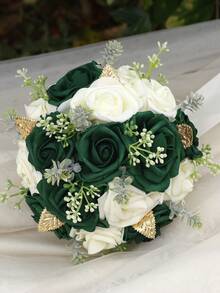 1pc Elegant Dark Green Rose Bouquet With Golden Leaves Satin Ribbon, Rustic Bridal Bouquet For Wedding, Bridesmaid, Garden Ceremony, Artificial PE Foam Rose Bouquet, Everlasting Flower PE1116D - 直徑17cm 高23cm - 查看 9