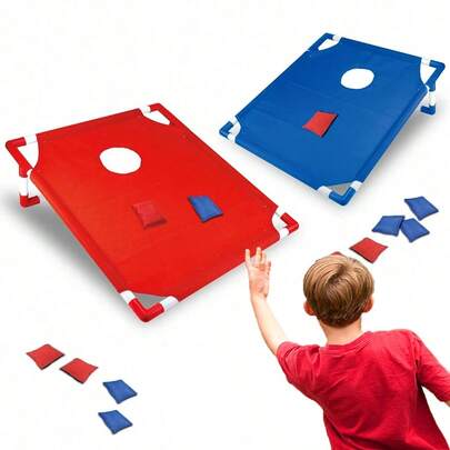 Jeu de lancer de sacs de haricots portable pour enfants - Comprend 1 planche de cornhole pliable et 6 sacs de haricots (3 rouges, 3 bleus) - Léger, durable et amusant pour les jeux d'intérieur et d'extérieur, les fêtes de jardin, le camping et les jeux de groupe
