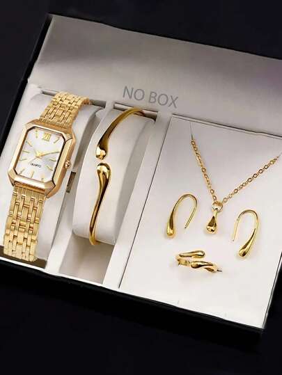 Teenage Horloge Set Goud Strap, Stainless Steel Dial Quartz Necklace, Bracelet, Ring, Earrings, Best Birthday Her, Wear, Parties, Halloween,