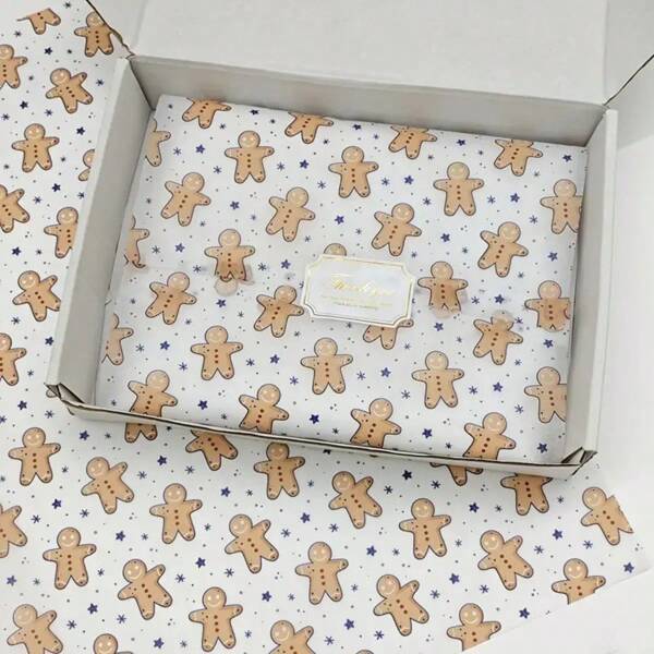 30 Sheets Of Christmas Gingerbread Man Pattern Thin Paper -20x14 Inches Gingerbread With Polka Dot Design, Lightweight Gift Packaging Protection, Fragile Item Protection, Holiday Decoration (Candy Stripes, Blue Stars), Gingerbread Decoration, Holiday Packaging, Seasonal Packaging, Party Decoration