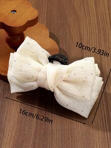 1件装女士纯色网纱水钻蝴蝶结大号发爪夹，双层网纱蝴蝶结大号发夹，适合日常搭配、舞会、派对、度假等各种场合，四季皆宜，女士发夹，优雅发卡，秋季配饰，秋冬夏季沙滩风情 - 米色 - 查看 5