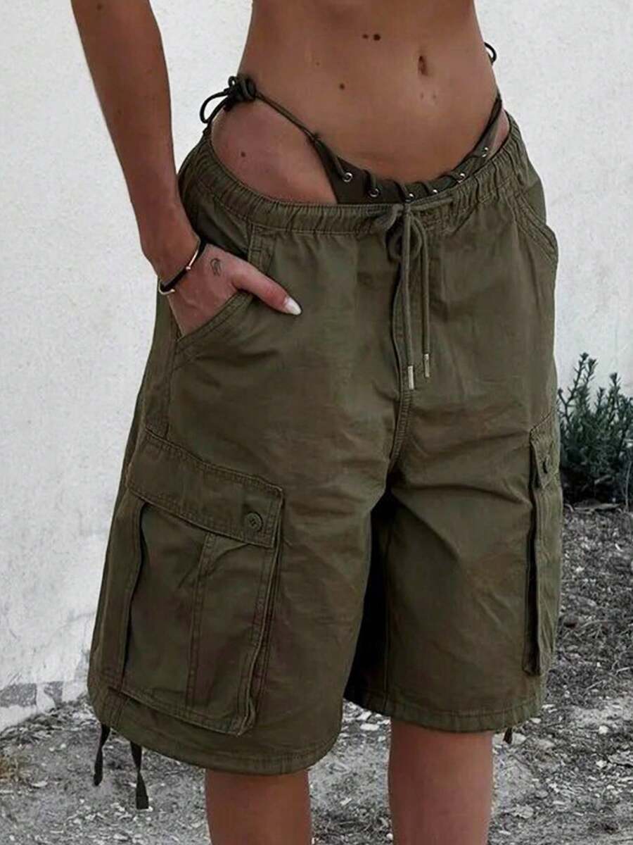 Cargo Shorts For Women Elastic Waist Knee Length  Shorts Summer Outdoor Waterproof Hiking Pants With Pockets - Army Green - View 1