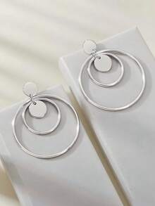 2pcs/Set Gold Circle & Geometric Design Pendant Earrings, Suitable For Daily Wear - Yellow Gold - View 4