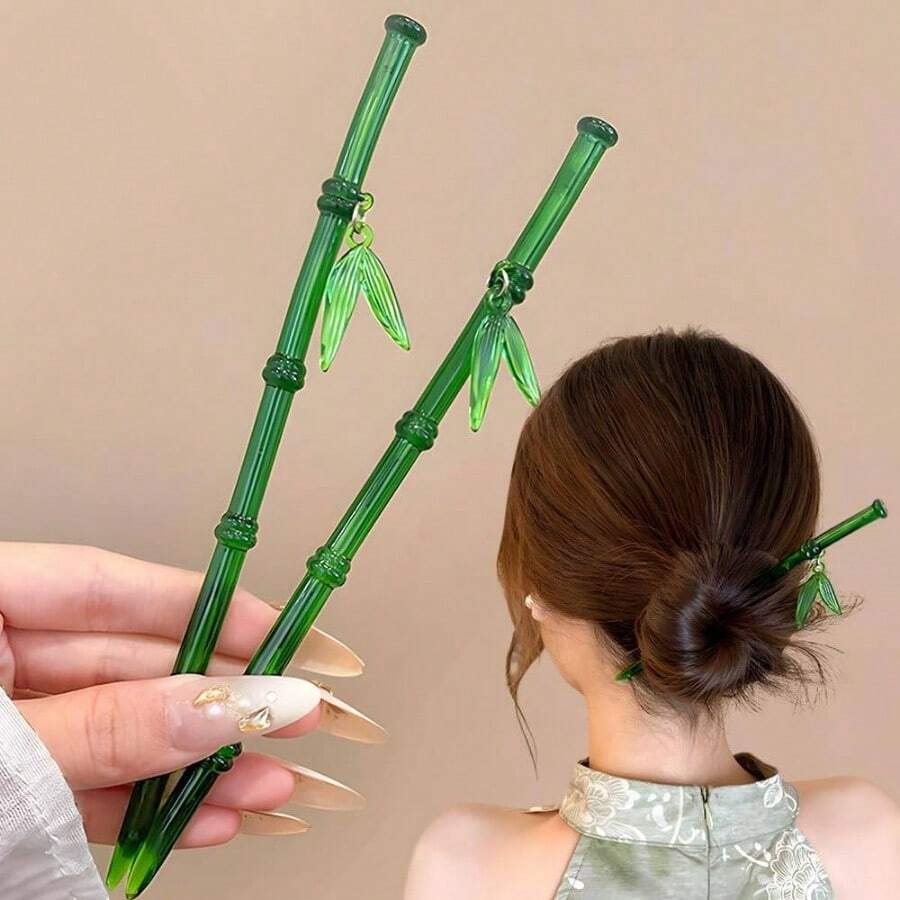 2Pcs Green Bamboo Leaf Hair Stick Pin Resin Chinese Hair Sticks For Buns Vintage Hair Chopsticks For Women Girls Hairpin Hairstick Japanese Hair Stick Chinese Hair Pin Hair Accessories